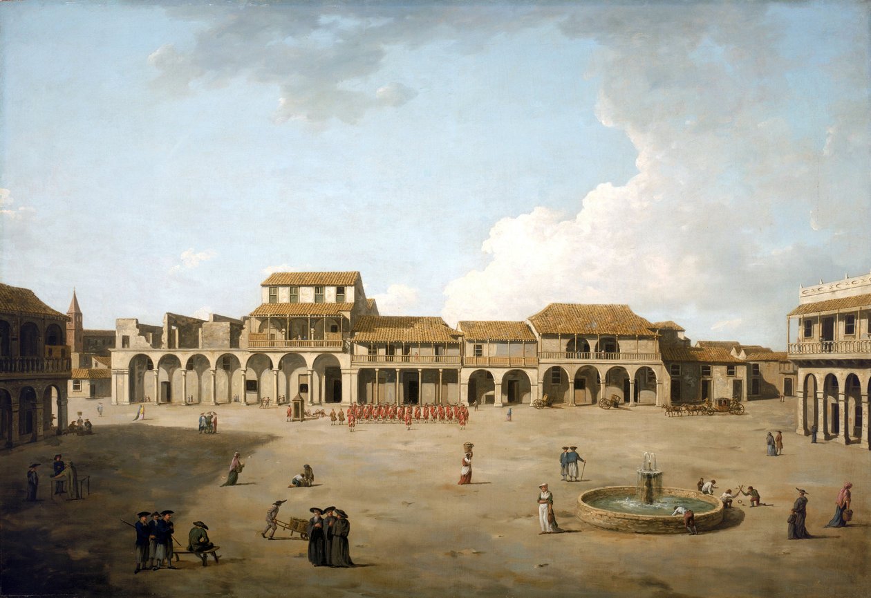 Havannatorget (Kuba), augusti och september 1762, under brittisk ockupation med en trupp soldater i röda uniformer, beskrivning av byggnaderna och några engelska sjömän vid fontänen av Dominic Serres