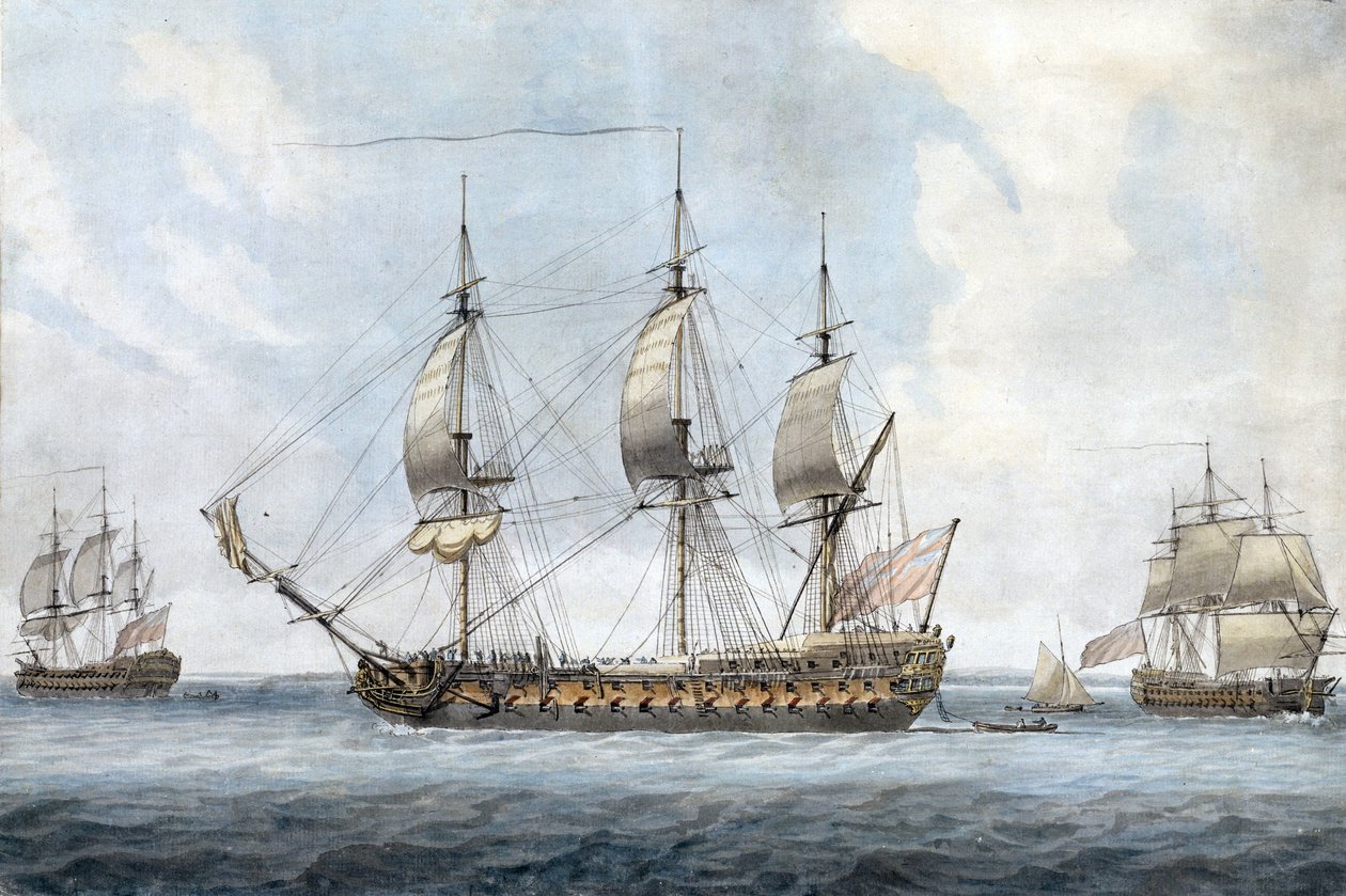 Porträtt av ett brittiskt 74-kanoners fartyg i Solent (England), sett från tre olika vinklar. Målning av Dominic Serres d.ä. (1719-1793), akvarell ca 1788. av Dominic Serres
