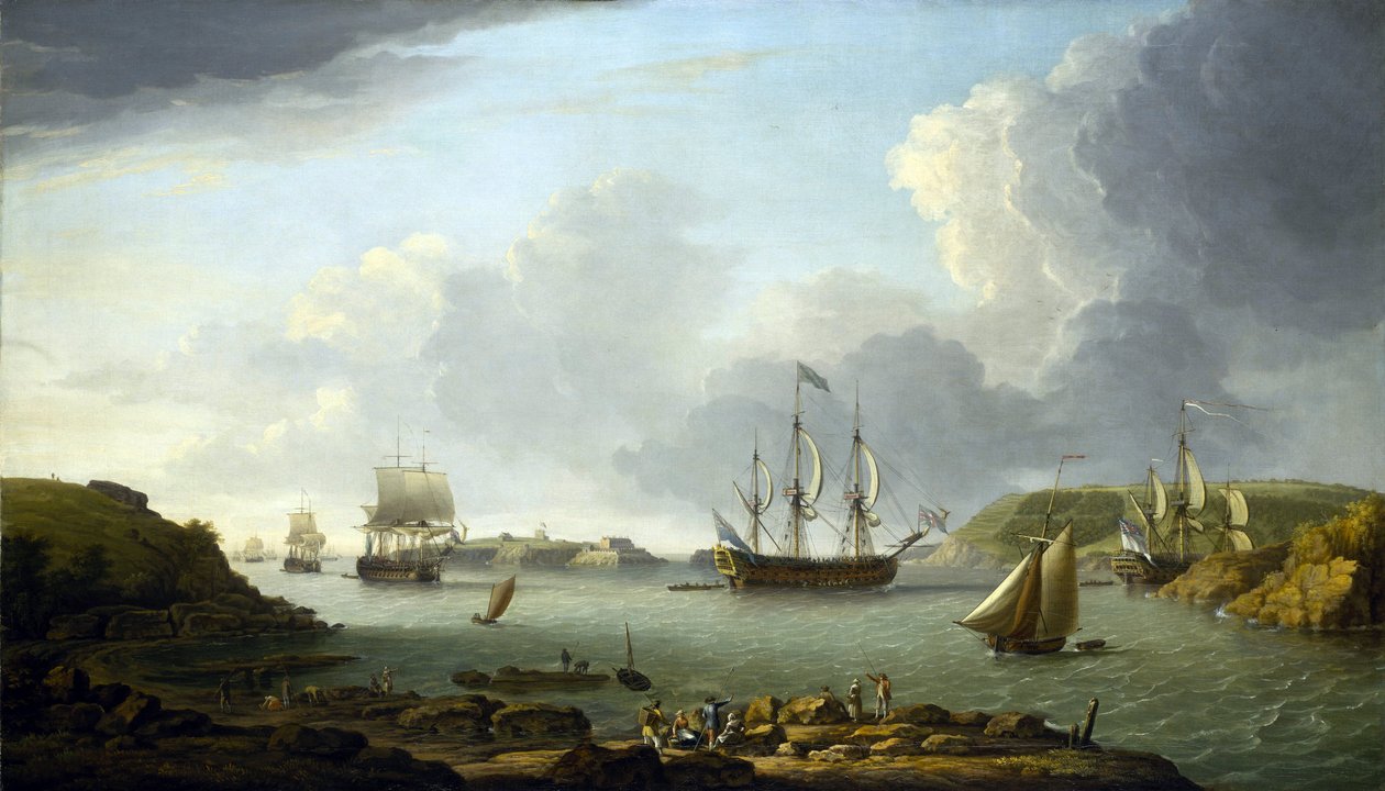 En flottas återkomst till Plymouth (England), beskrivning av staden och bukten, inklusive Drake Island och Edgcumbe Mountain. Olja på duk av Dominic Serres