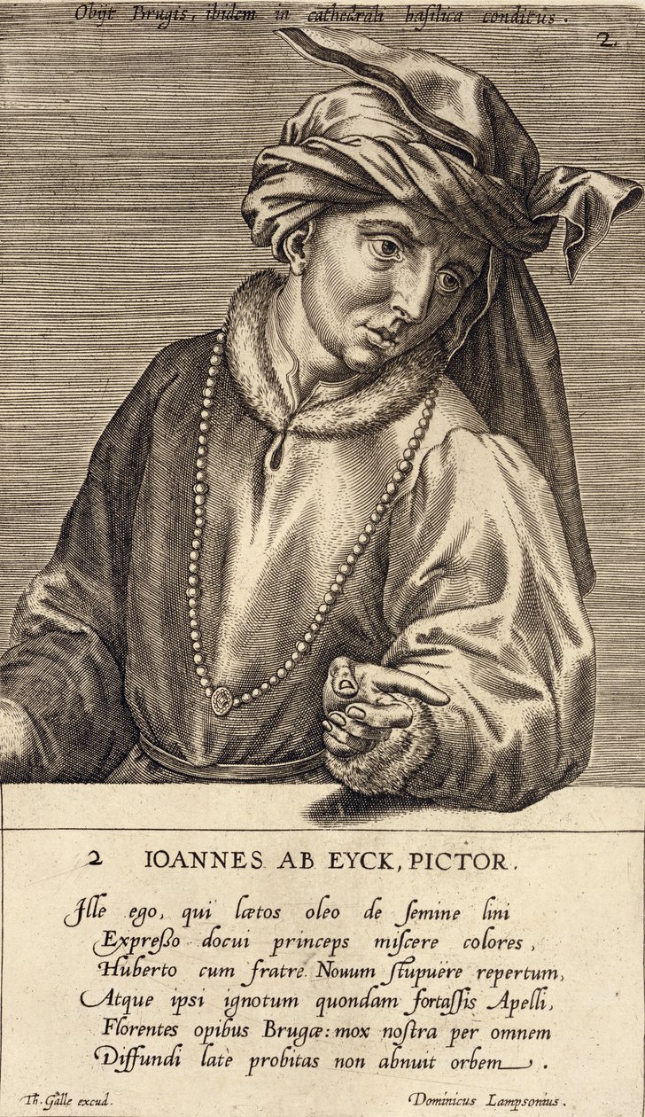 Porträtt av Jan van Eyck (ca 1390-1441) skylt 2 i en serie porträtt av konstnärer, graverad av Theodor Galle (1571-1633) av Dominicus Lampsonius
