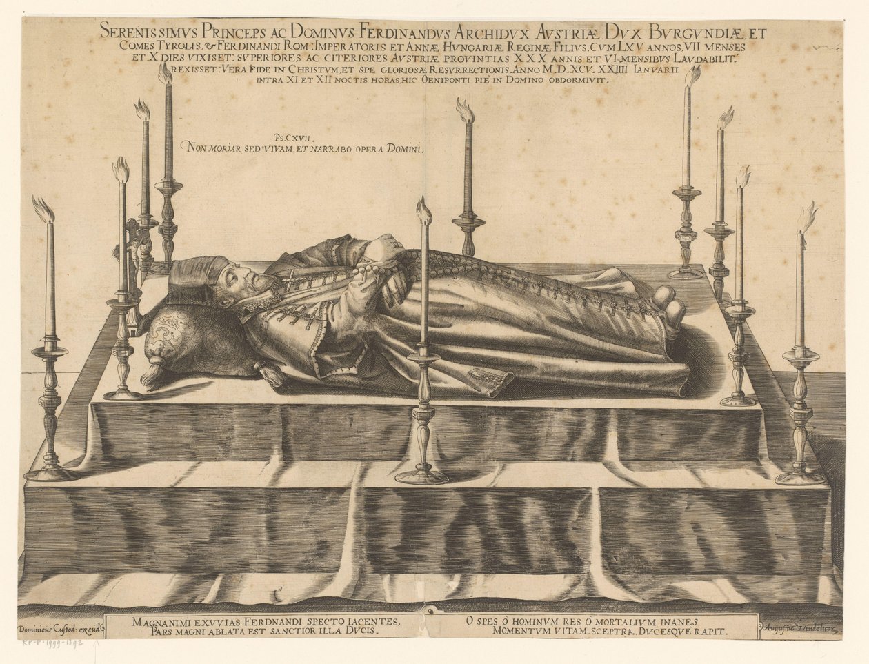 Doodsportret van Ferdinand II van Tirol Den mest fridfulla prins och lord Ferdinand ärkehertig av Österrike (...) (titel på objekt) av Dominicus Custos (possibly)