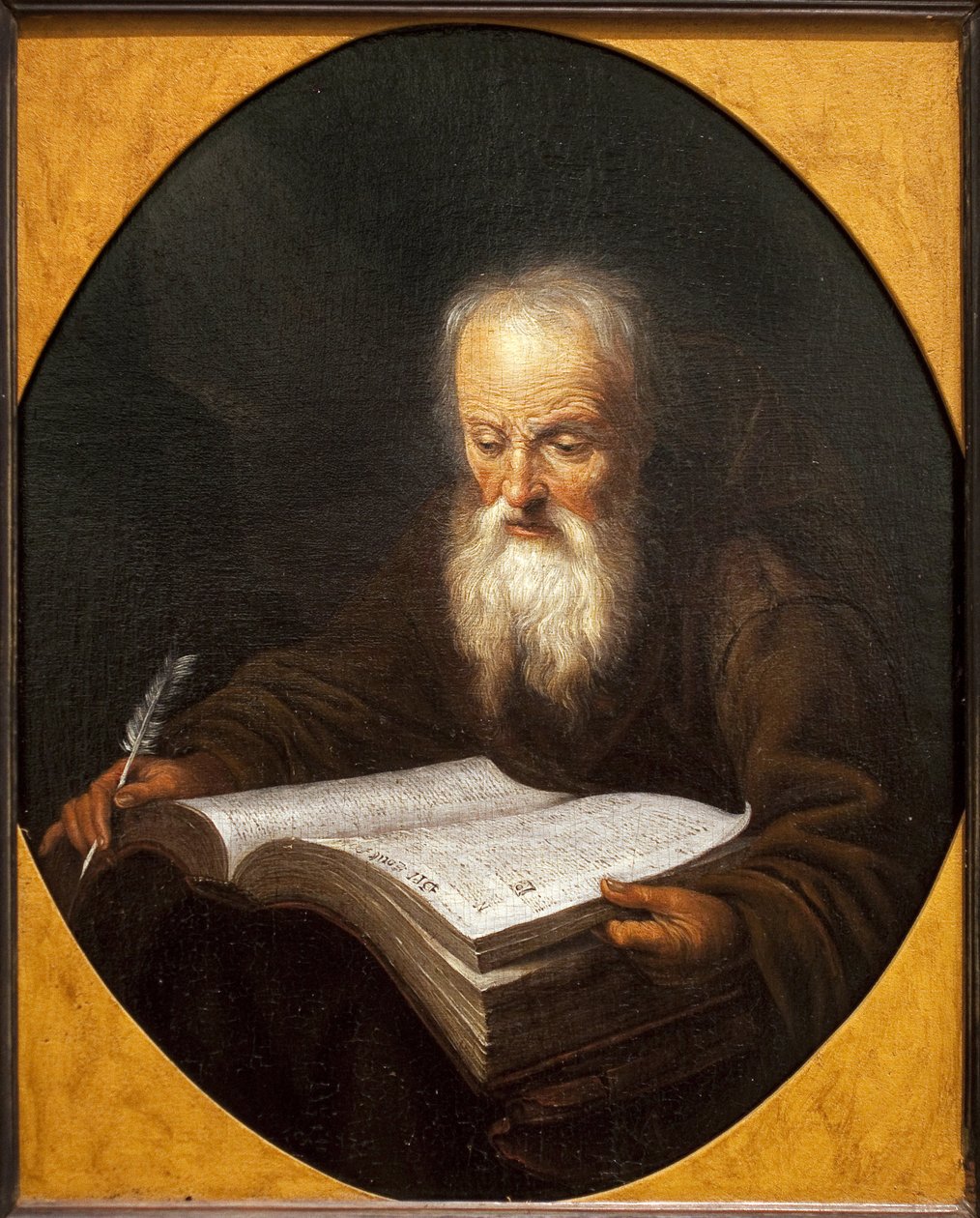 En munk som läser, en fjäder i handen. Målning av Domenicus Van Tol (1635-1676), olja på duk, av Gerrit Dou (1613-1675). flamländsk konst av Dominicus van Tol