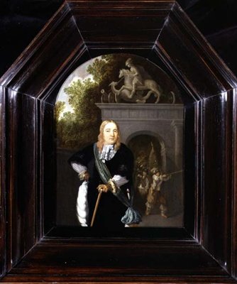 Porträtt av kapten Jacobus Van Der Burgh stående framför Doeler Poort, Leiden av Dominicus van Tol