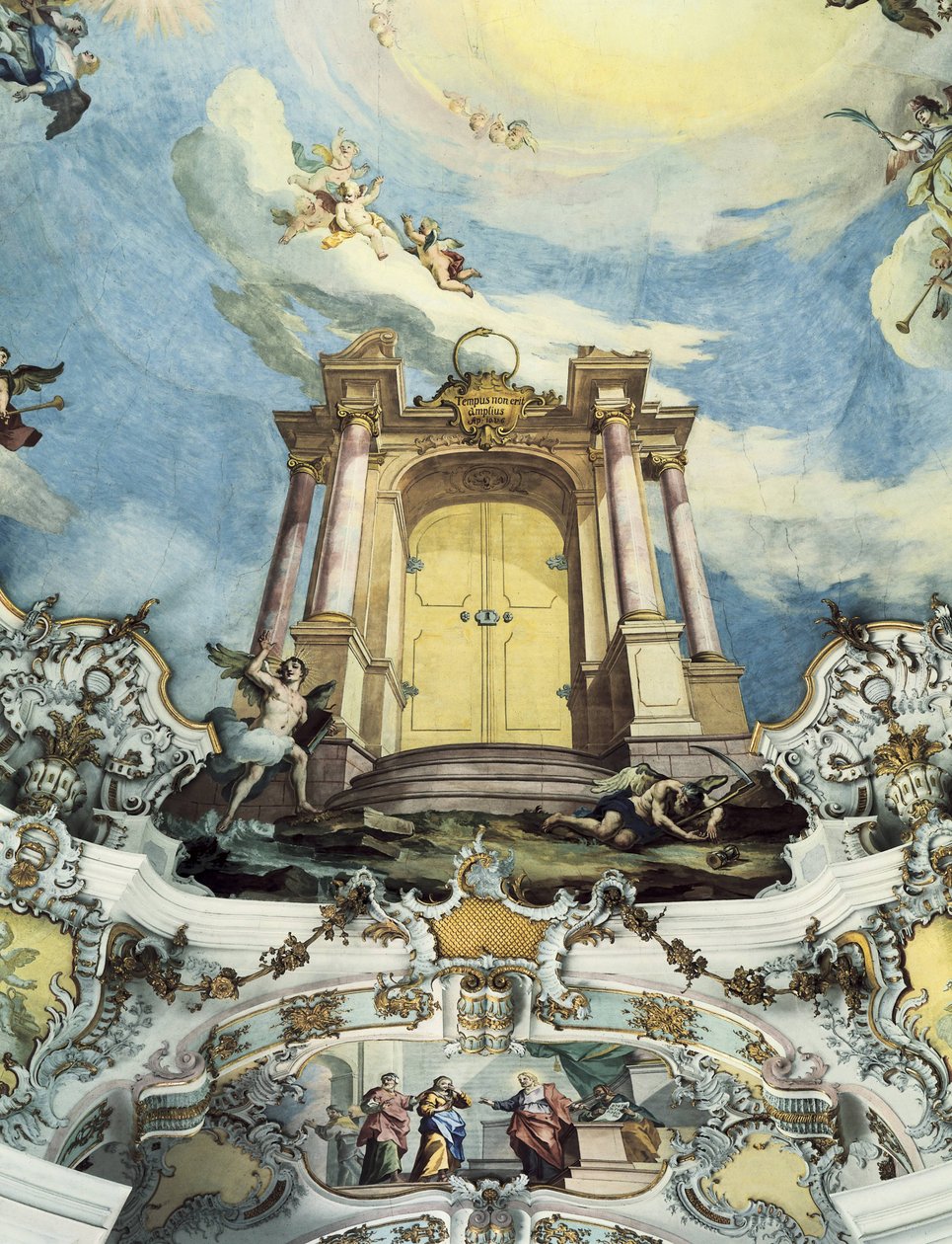 Eternitens dörr med inskriptionen Tempus non erit amplius (freska) av Dominikus Zimmermann