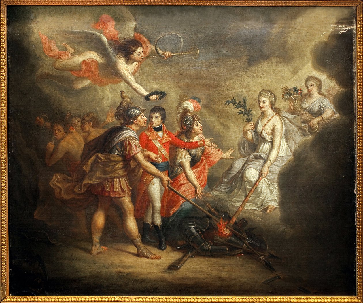 Amiens fred. Traite undertecknade den 25 mars 1802 mellan Storbritannien och dess allierade Osmanska riket å ena sidan och Frankrike, Spanien och Holland å andra sidan. Målningen föreställer Napoleon I Bonaparte, krönt av en ängel som blåser i trumpeten av Dominique Doncre