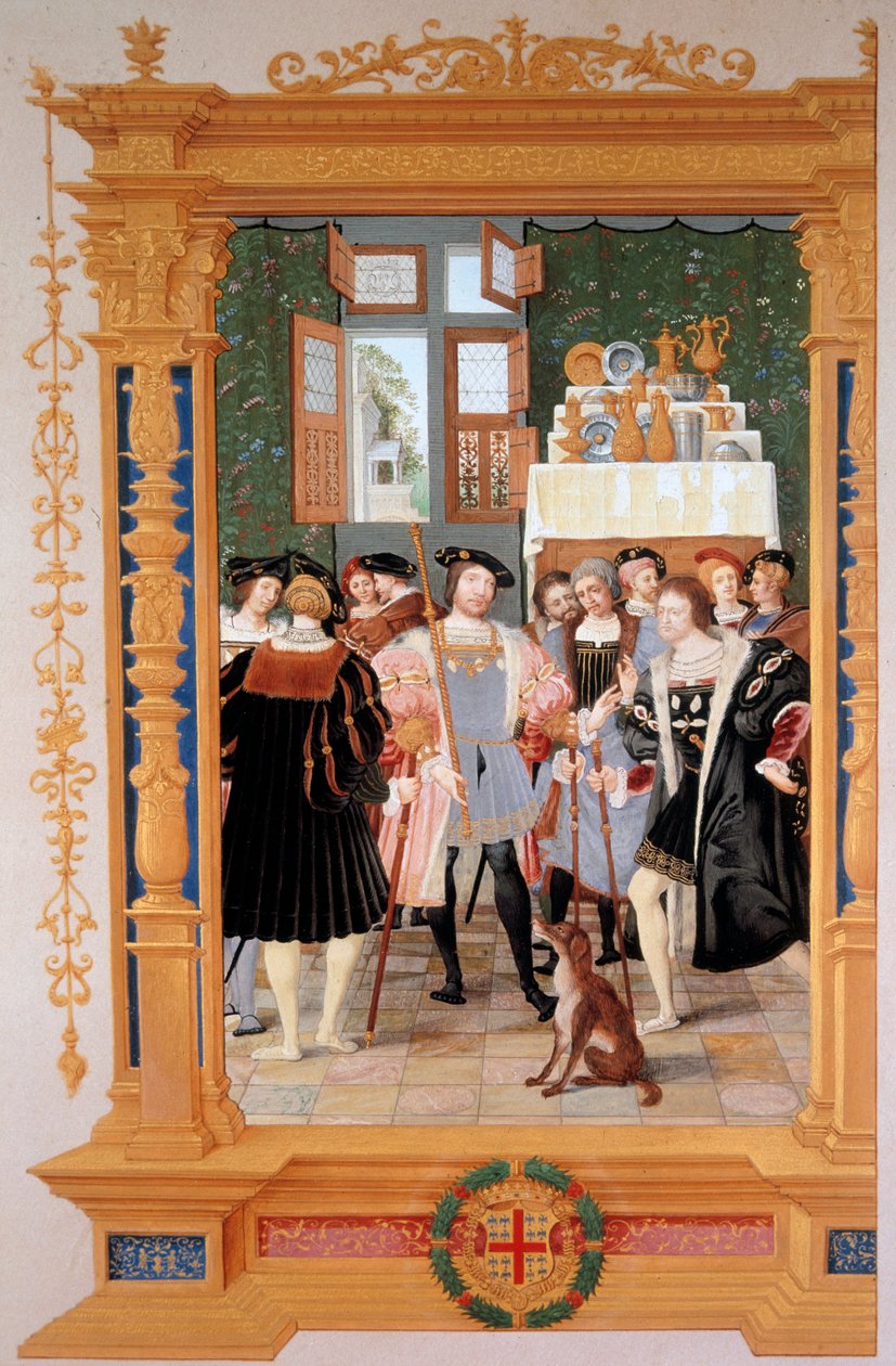 Etienne Leblanc (1490-1565) presenterar för Anne de Montmorency (1493-1567) sin översättning av Cicerons tal (1531) - Kopia av frontispicen bevarad i Sankt Petersburg (Ryssland), gouache av Dominique Henri Guifard (1838-1913) , sent 1800-tal - C av Dominique Henri Guifard