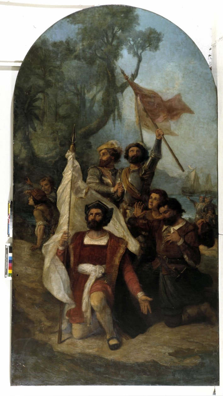 Navigatören Christopher Columbus (Cristoforo Colombo, Cristobal Colon) (1451-1506) när han anlände till den nya världen 1492 (olja på duk) av Dominique Magaud