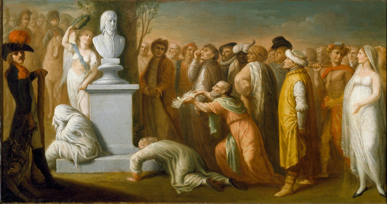 Kampanj (expedition) i Egypten (1798-1801): "" Napoleon Bonapartes (1765-1821) återkomst från Egypten i oktober 1799""" allegorisk representation av general Napoleon som segrar vid återkomsten från Egypten, symboliserad av hans byst av marmor , som kröns av Dominique Vivant Denon