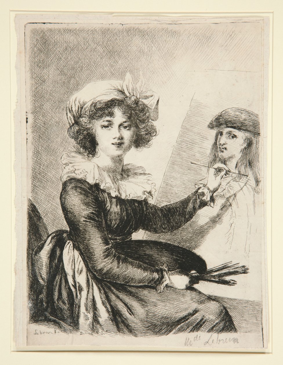 Louise-Elisabeth Vigée-Lebrun, (Mlle Lebrun), efter och spegelvänd efter självporträttet från 1790 i Uffizierna av Dominique Vivant Denon