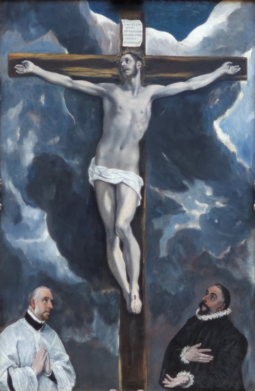 Le Christ en croix adoré par deux donateurs  av El Greco