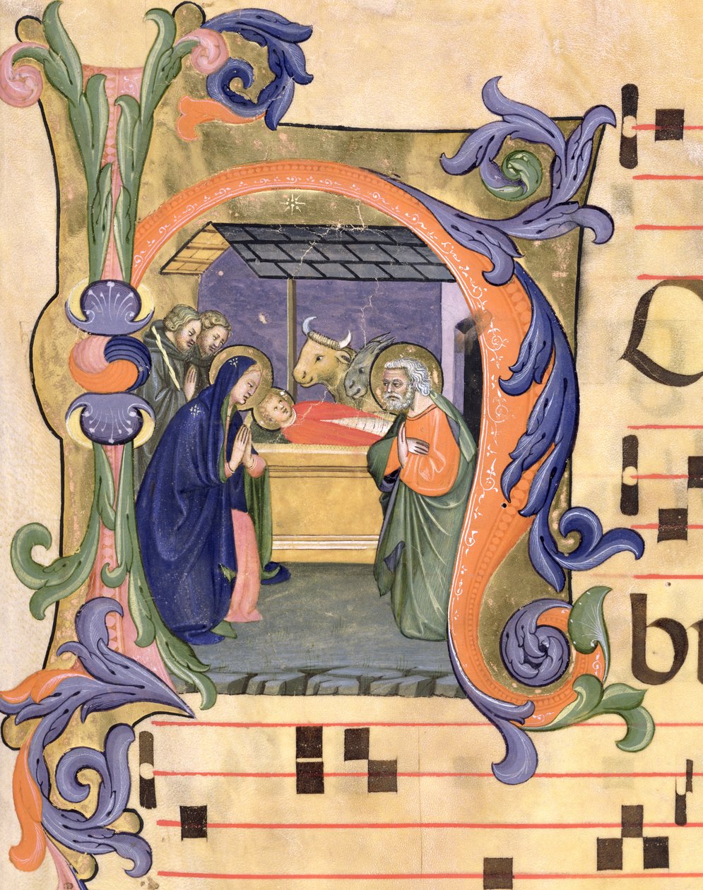 Ms 571 f.6r Historierad initial "H" som föreställer Födelsen från en antifon som har illuminerats av Don Simone Camaldolese (och skolan) (fl.1381-1426) från Santa Maria del Carmine, Florens. av Don Simone Camaldolese