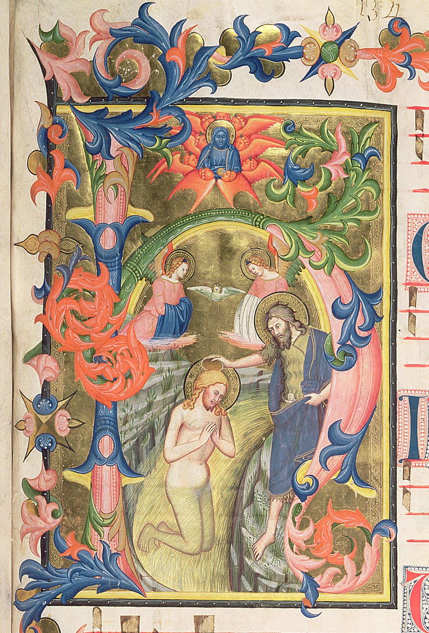 Kristi dop, historiserad initial på pergament, detalj av 362972 av Don Simone Camaldolese