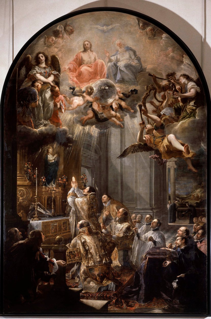 Trefaldighetsordens grundmässa Den religiösa treenighetsorden (eller den allra heligaste treenigheten) grundades av Johannes av Matha (1154-1213). Målning av Juan Carreno de Miranda (1614-1683) Sön. 5x3,1 m av Don Juan Carreno de Miranda
