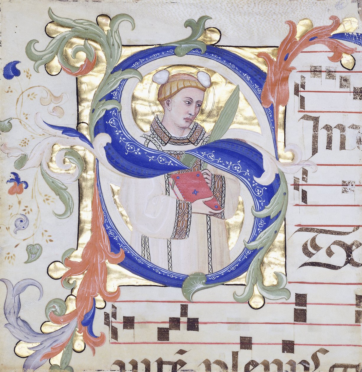 Mycket stor historisk initial "S", som visar Saint Stephen, ca 1350-1400 (färgat bläck och bladguld på veläng) av Don Silvestro dei (circle of) Gherarducci