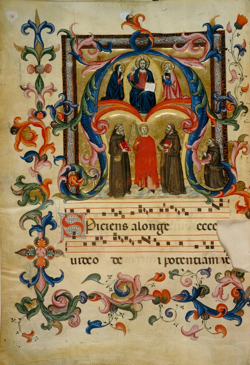 Upplyst initial med Kristus i härlighet (Corale 39, c. 1v), verk för körbok 39 av Santa Maria degli Angeli från kyrkan San Pancrazio i Florens av Don Simone Camaldolese