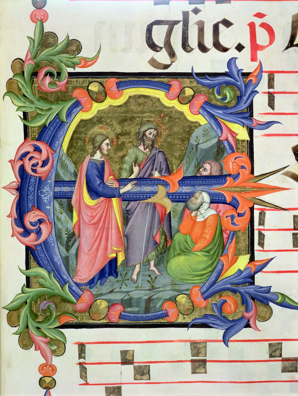 Ms 572 f.107 r Historikert initial "E" som visar St. Johannes Döparen som presenterar Kristus för två lärjungar, från en antifon av Don Simone Camaldolese