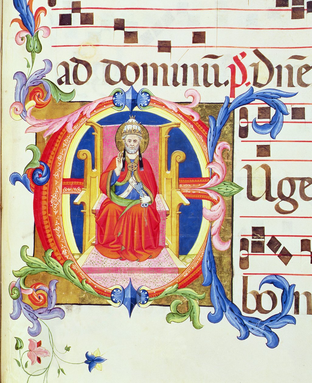 Ms 572 f.125r Historikert initial "E" som visar St. Peter som den första biskopen av Rom från en antifon från Santa Maria del Carmine av Don Simone Camaldolese