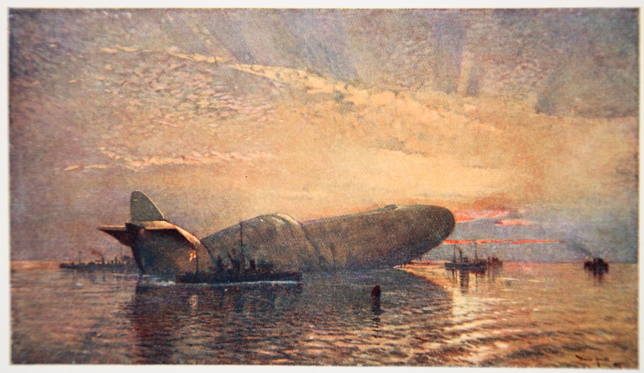 Sankt Georg och draken: Zeppelin L15 i Themsen, april 1916, illustration från "The Naval Front" av Gordon S. Maxwell, 1920. av Donald Maxwell