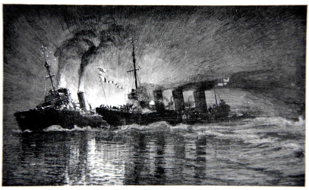 HMS Broke rammar en tysk destroyer, illustration från "The Naval Front" av Gordon S. Maxwell, 1920. av Donald Maxwell