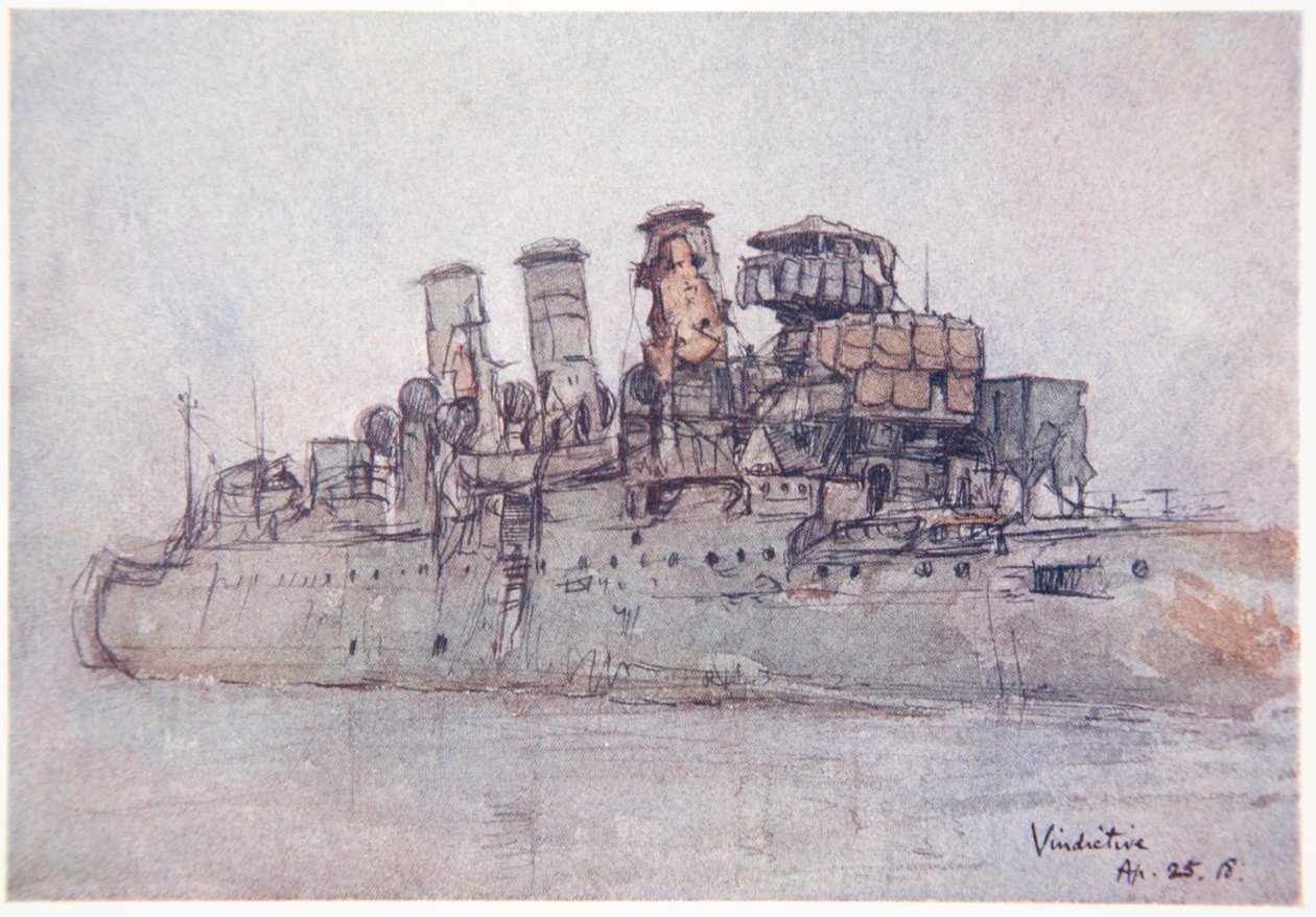 H.M.S. Vindictive, 25 april 1918, illustration från "The Naval Front" av Gordon S. Maxwell, 1920. av Donald Maxwell