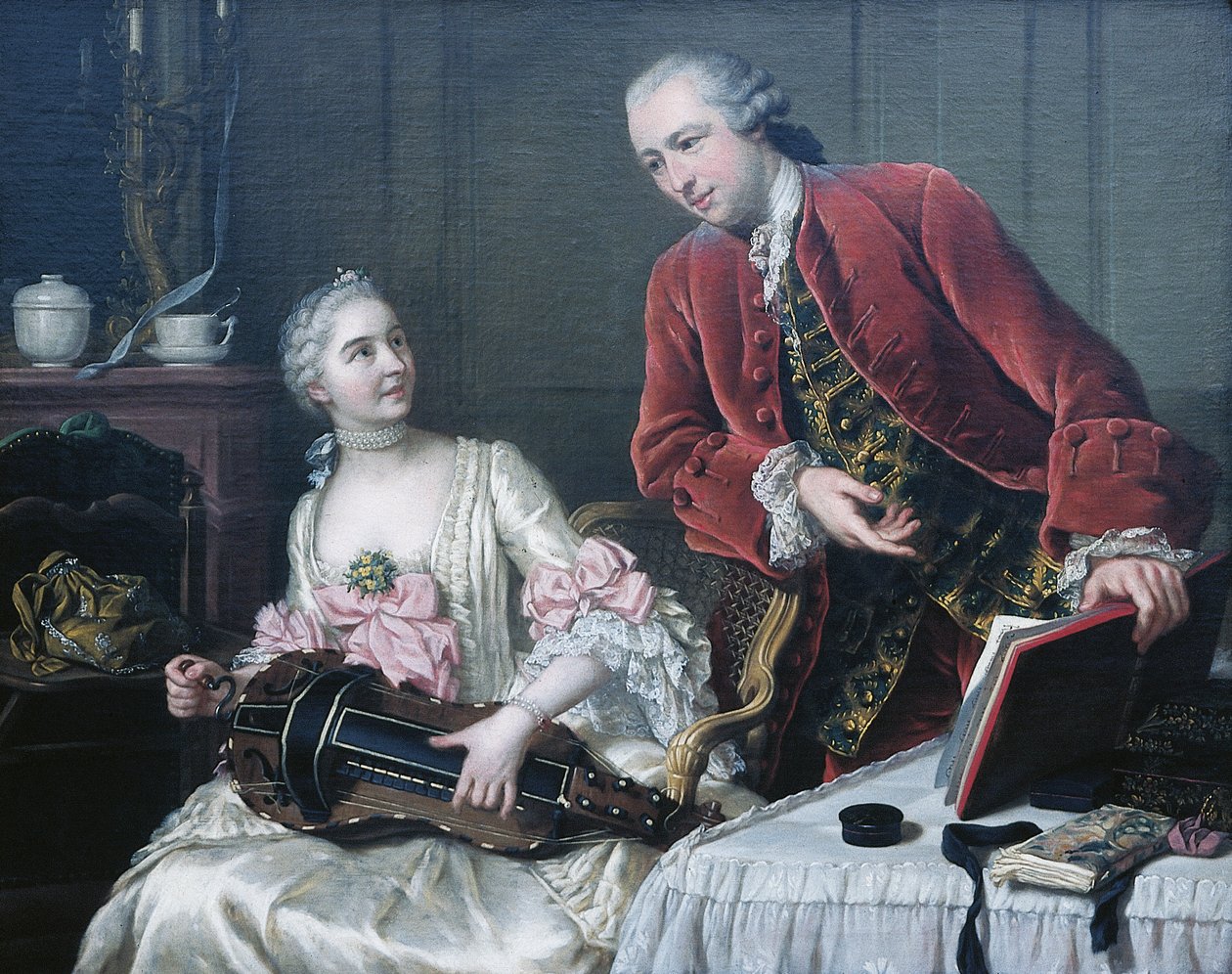 Porträtt av Monsieur och Madame de Corcelles som spelar musik i en interiör av Donat Nonotte