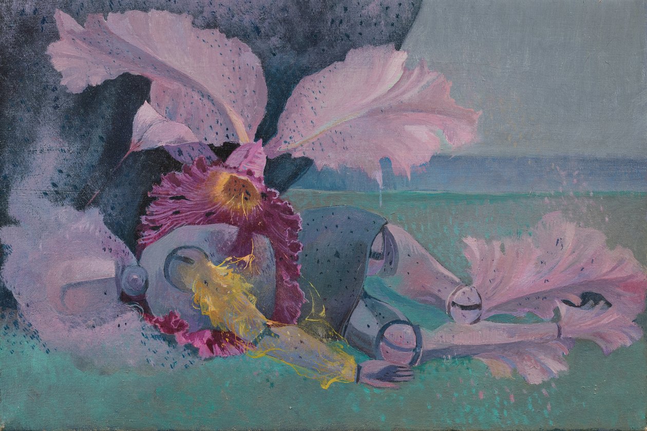 Metamorphosis, Mannequin and orchid, c.1968 (olja på duk) av Donatella Merlo