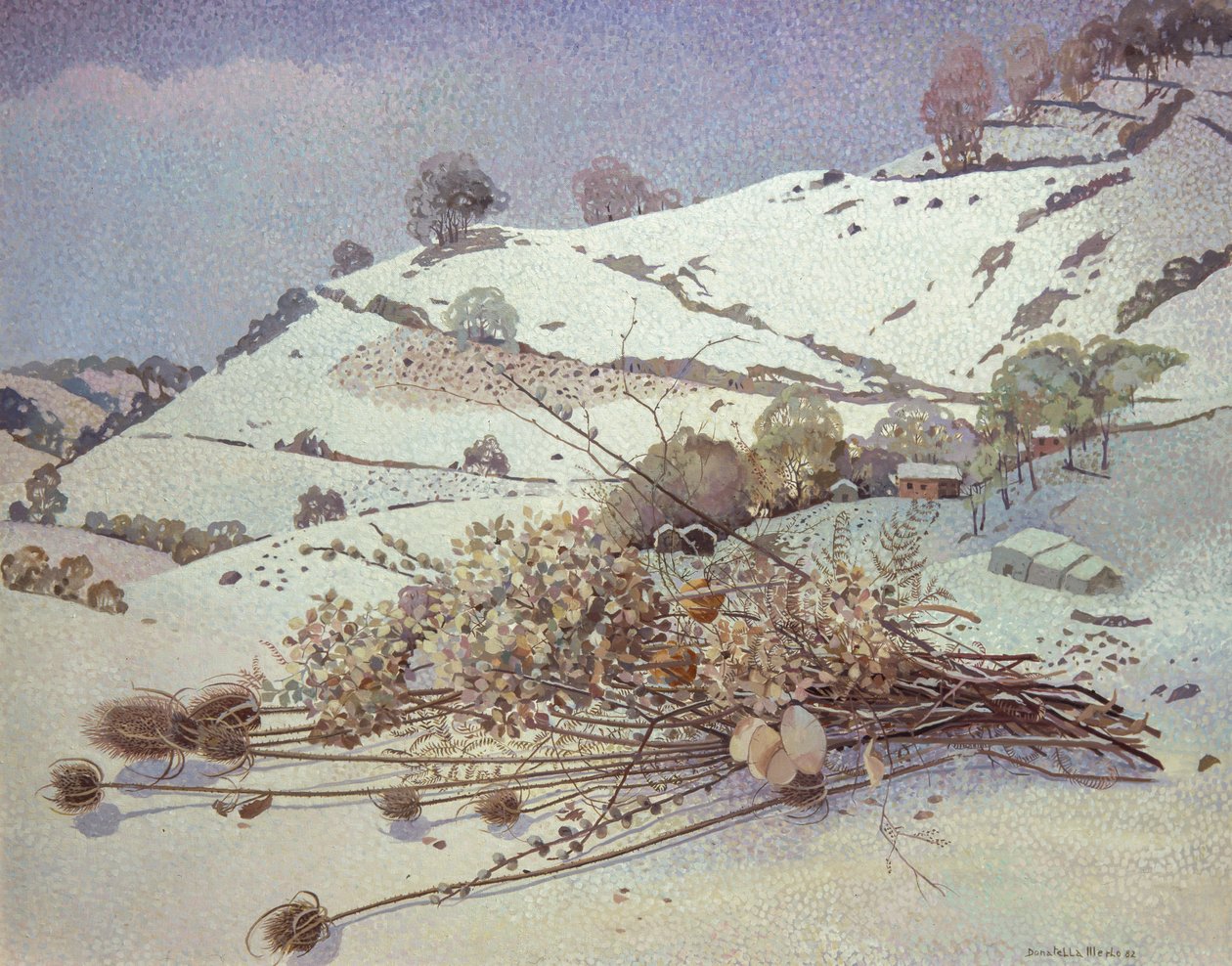Snöigt landskap med stilleben av torkade blommor av Donatella Merlo
