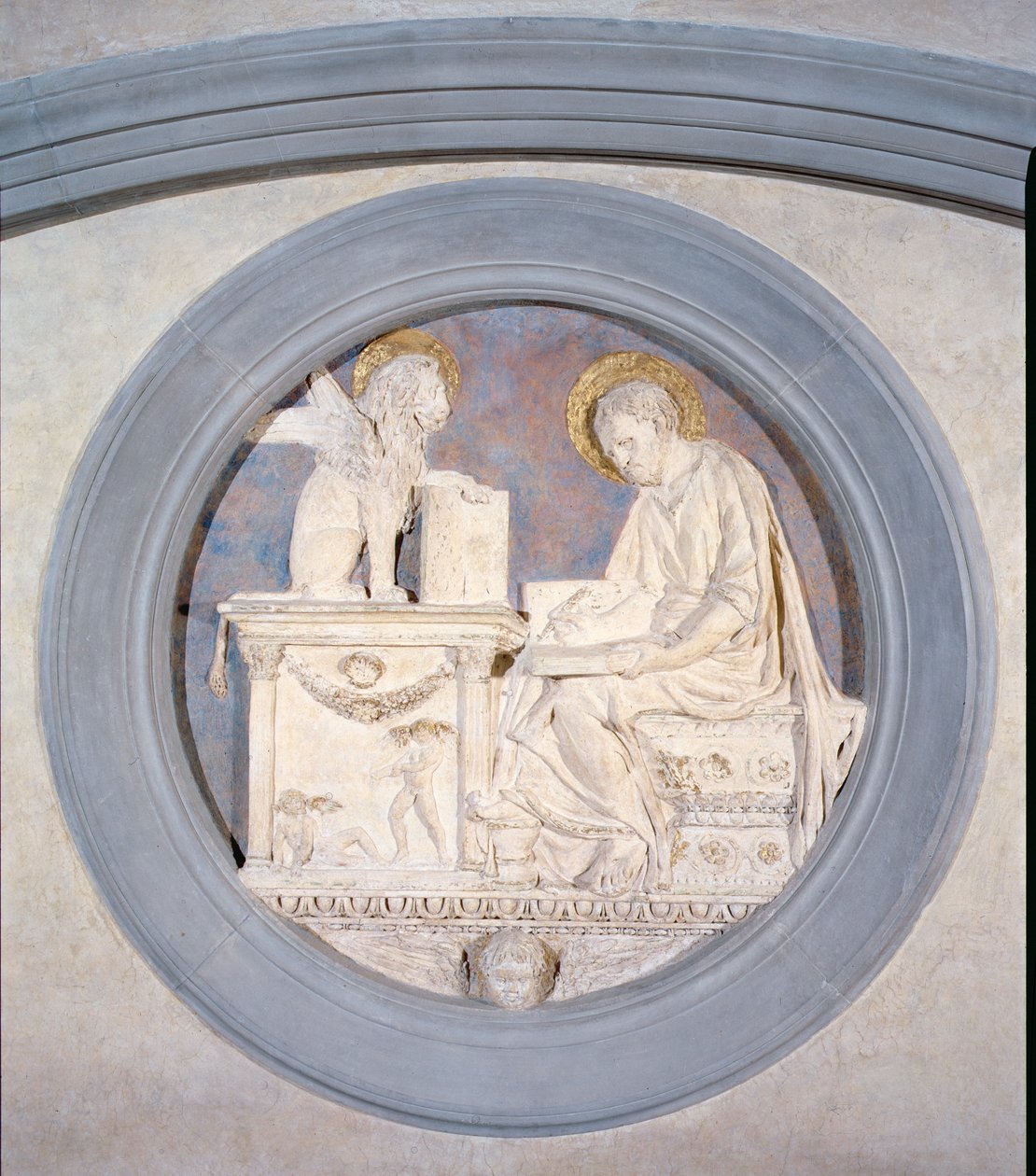 Medaljong av Sankt Markus evangelisten, den gamla sakristian (gips) av Donatello