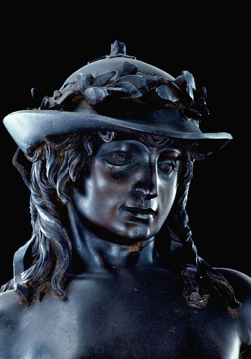 David, detalj av huvudet, ca 1440 (brons) (se även 11969-70) av Donatello