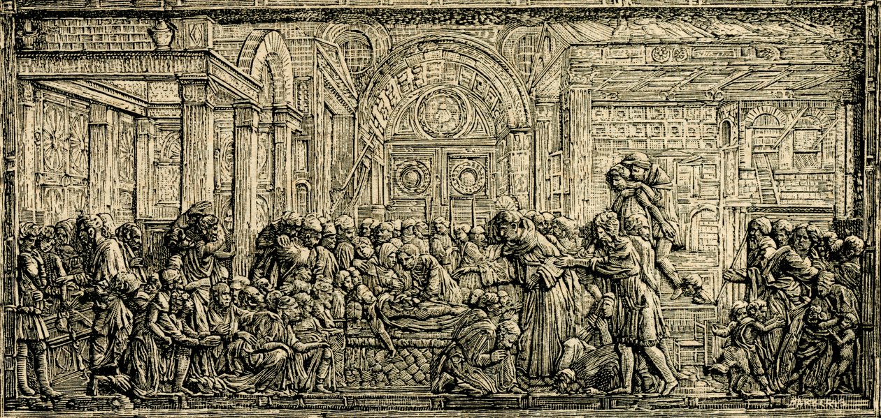 Miraklet med den girige mannens hjärta, Sankt Antonius altare, bronsrelief av Donatello, Sankt Antonius basilika i Padua, Padua, Veneto, Italien, träsnitt ur Le cento citta d