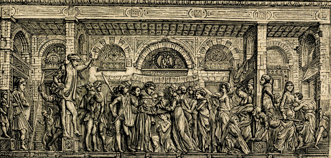 Miraklet med det nyfödda barnet som talar, Sankt Antonius altare, bronsrelief av Donatello, Sankt Antonius basilika i Padua, Padua, Veneto, Italien, träsnitt från Le cento citta d