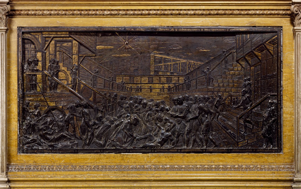 Relief föreställande Sankt Antonius som sätter fast ungdomens fot, av Donatello (cirka 1386-1466), brons, helgonaltare, Sankt Antonius basilika (Basilica del Santo), Padua, Italien av Donatello