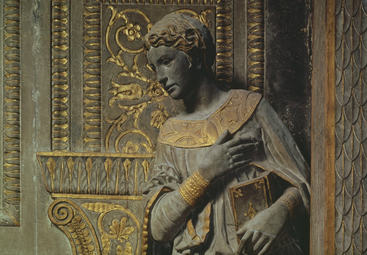 Cavalcanti Annunciation: detalj av Jungfrun av Donatello 1386-1466 c.1435 förgylld kalksten av Donatello