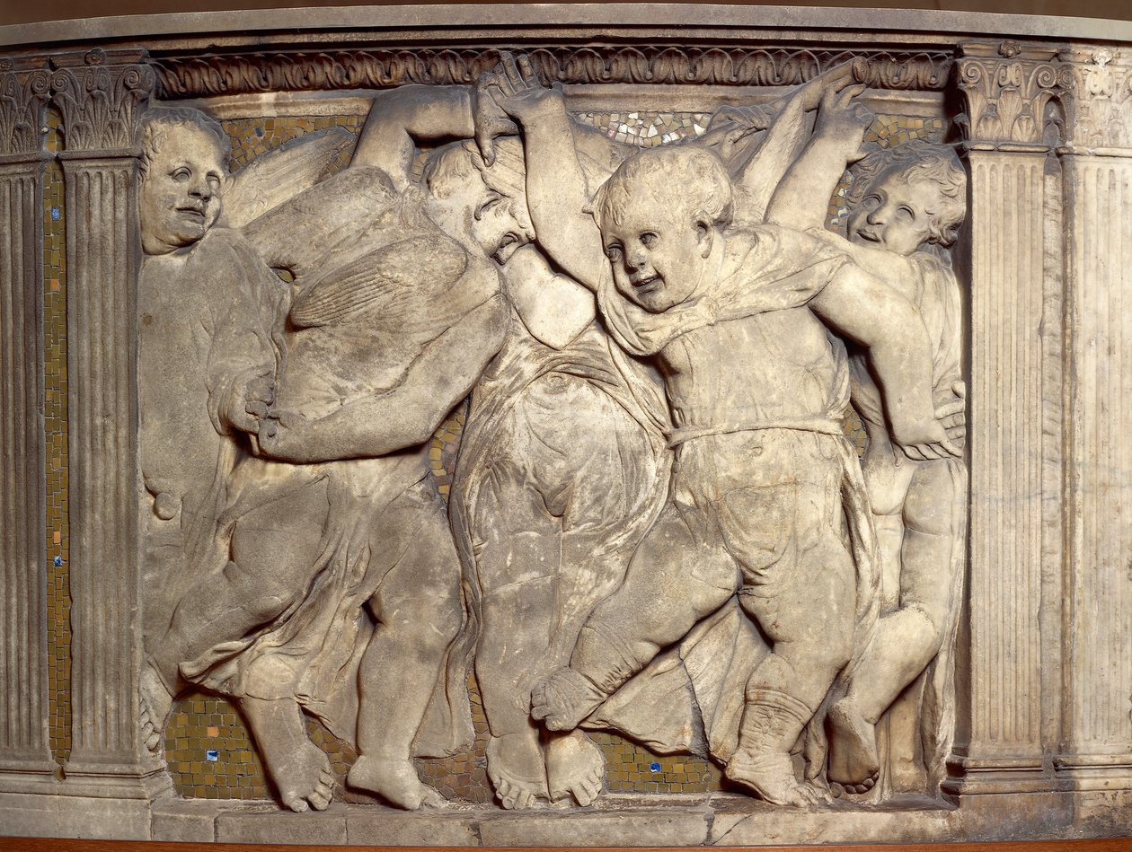 Kakel med dansande putti, av Donatello (ca 1386-1466), marmorrelief, Predikstolen i katedralen i Prato, Toscana av Donatello