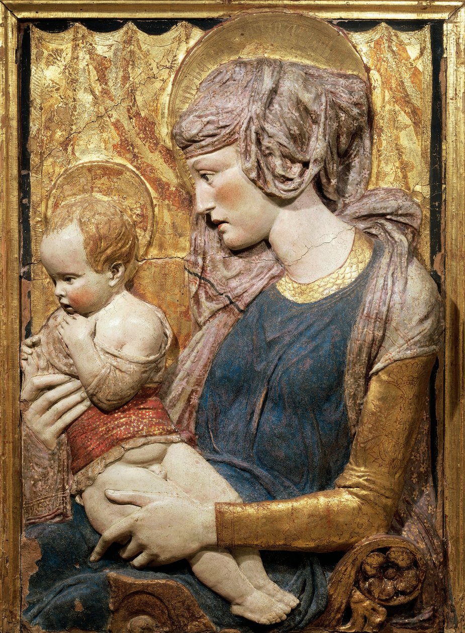 Virgin and Child, ca 1440, av Donatello (ca 1386-1466), målad och förgylld terrakotta-relief av Donatello