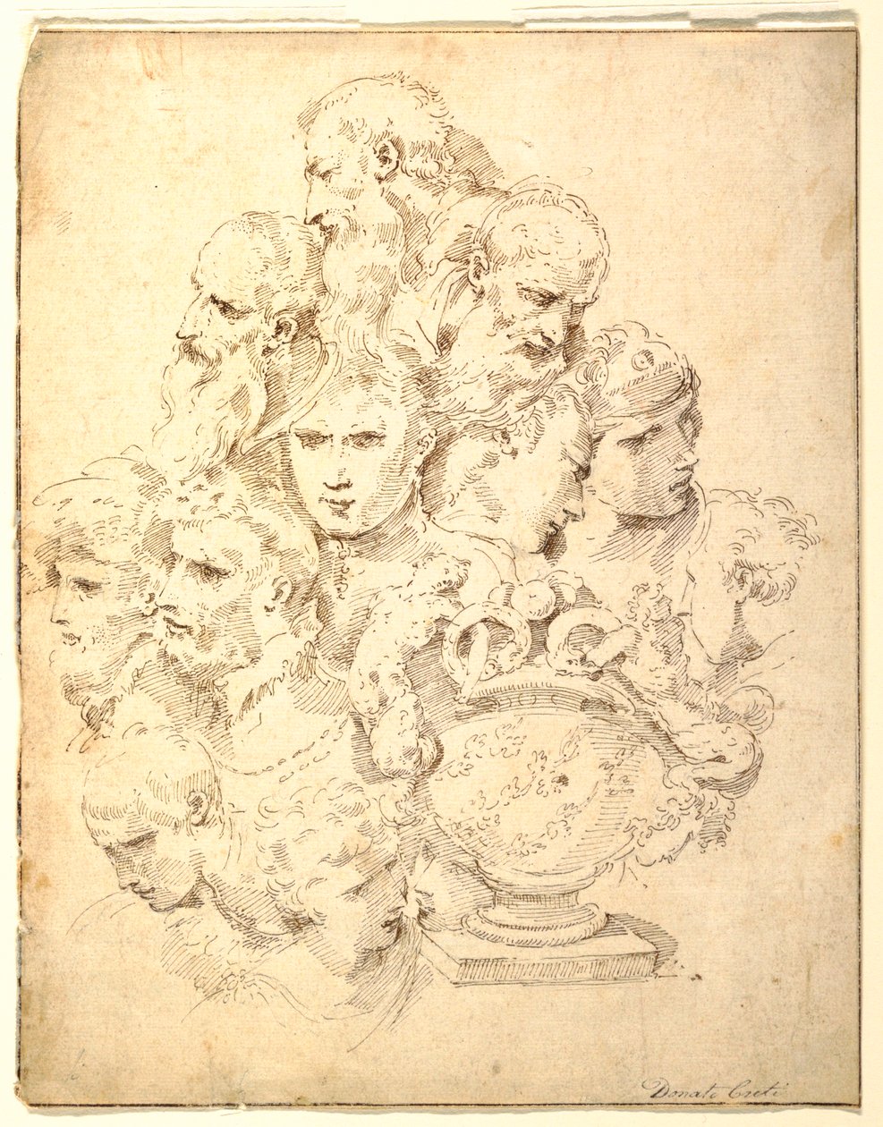 Teckning, Fantasi bestående av huvuden och en skulpterad urna, ca 1730 av Donato Creti