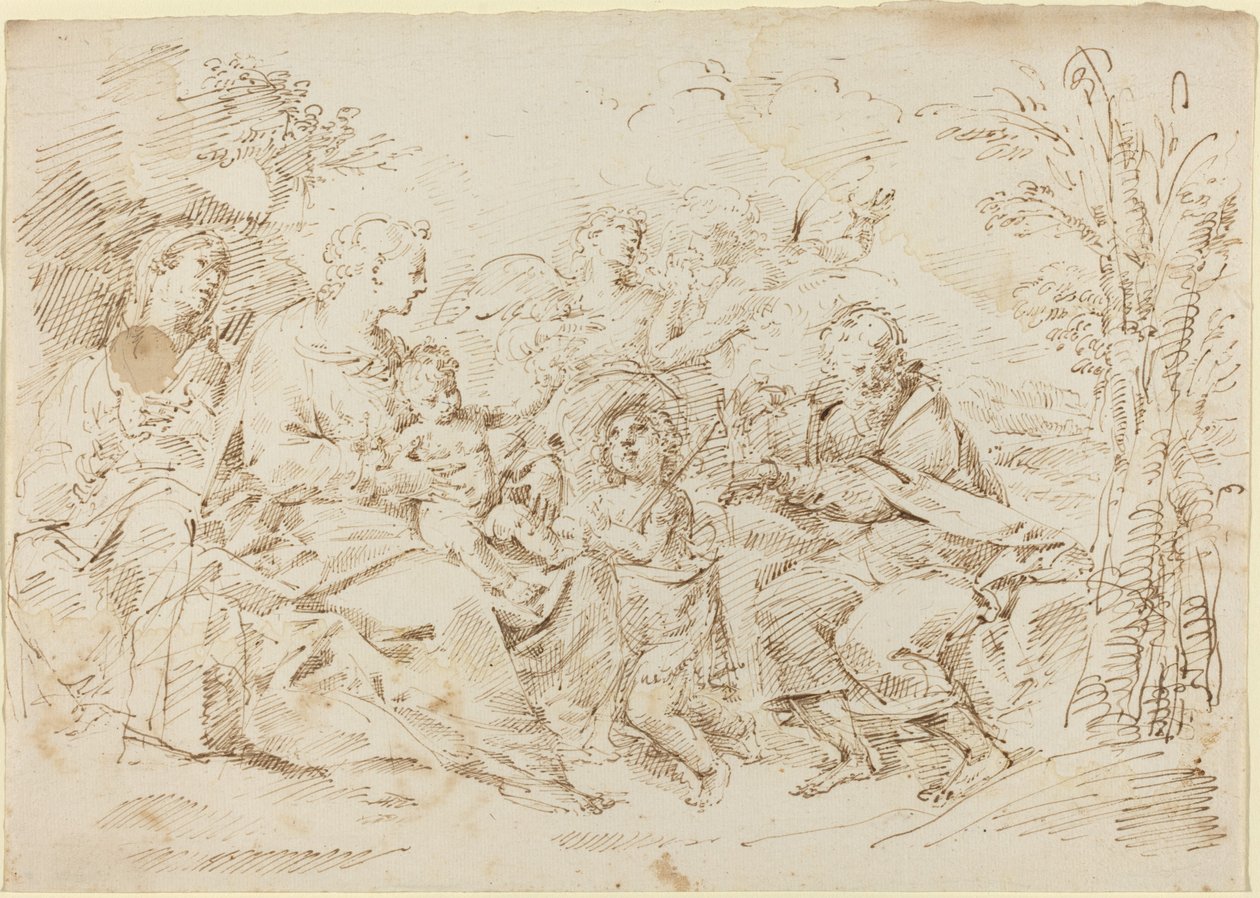 Helig familj med St. Elizabeth, St. Johannes Döparen och Två änglar i ett landskap av Donato Creti