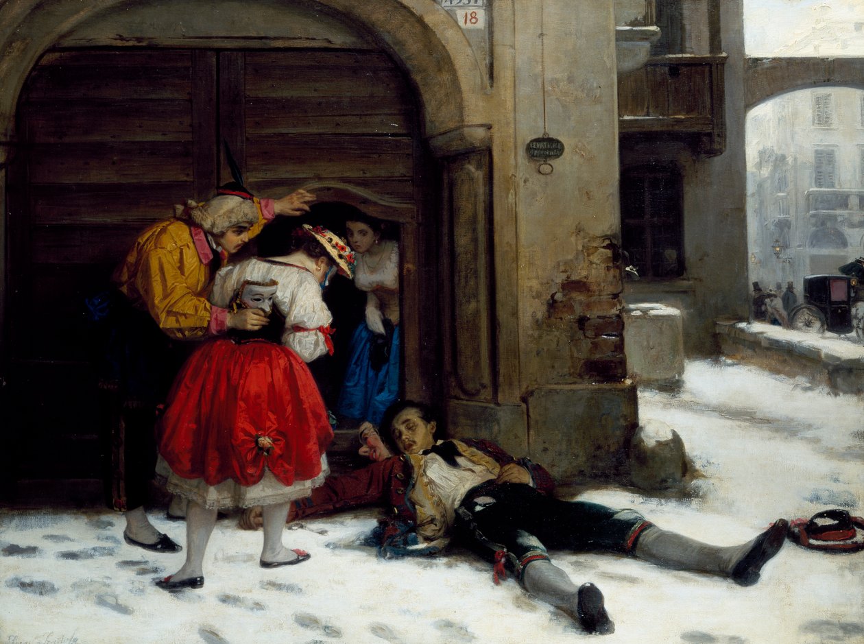 Återvänder efter en helkvällsfest, målning av Domenico Scattola (1814-1876), olja på duk, 75x100 cm av Donenico Scattola