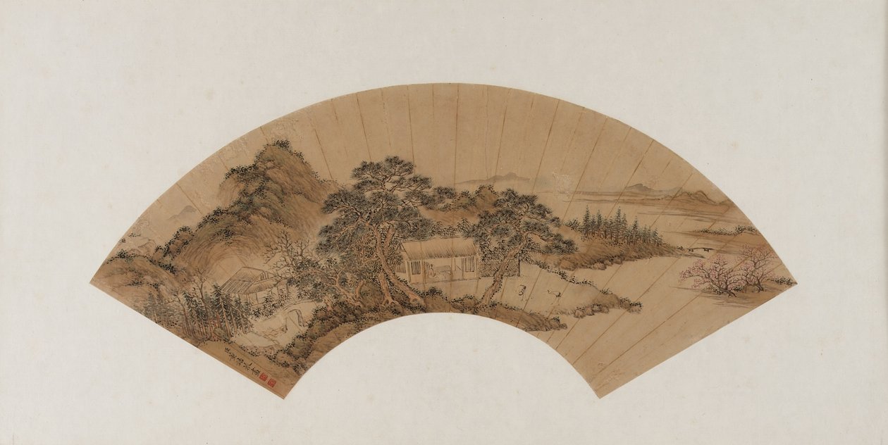 Forskare läser i en hydda med halmtak, Qing-dynastin, sent 1700-tidigt 1800-tal (bläck och färg på papper) av Dong Gao
