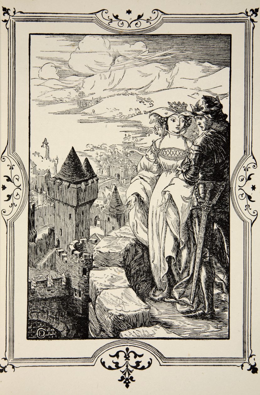 Annoure förde ut kungen på murarna, illustration från "Stories of King Arthur and the Round Table" av Beatrice Clay, 1:a upplagan, 1905 av Dora Curtis