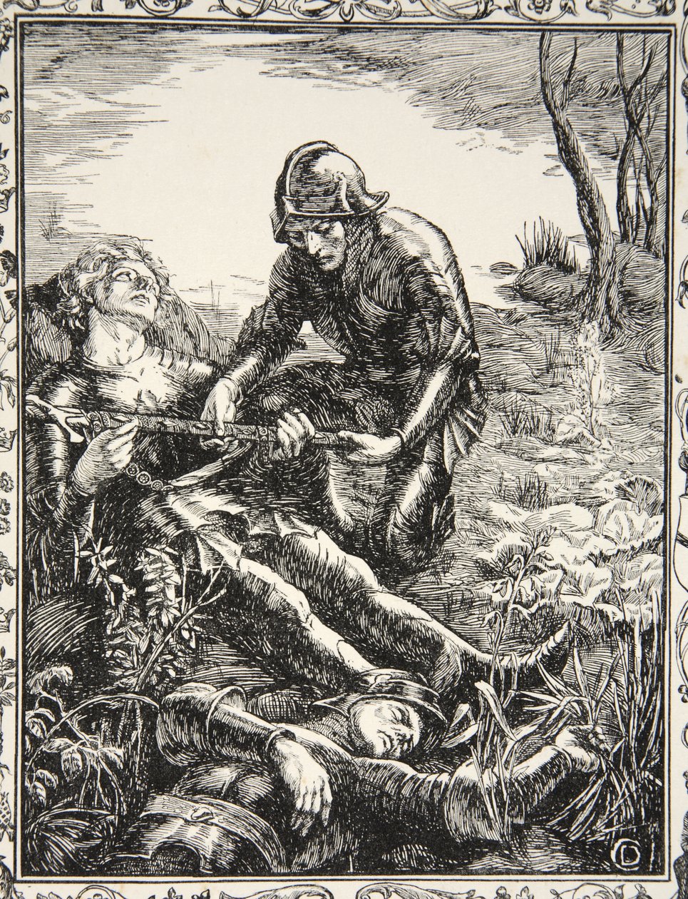 Arthur ger Excalibur till Sir Bedevere, illustration från "Stories of King Arthur and the Round Table" av Beatrice Clay, 1:a upplagan, 1905 av Dora Curtis