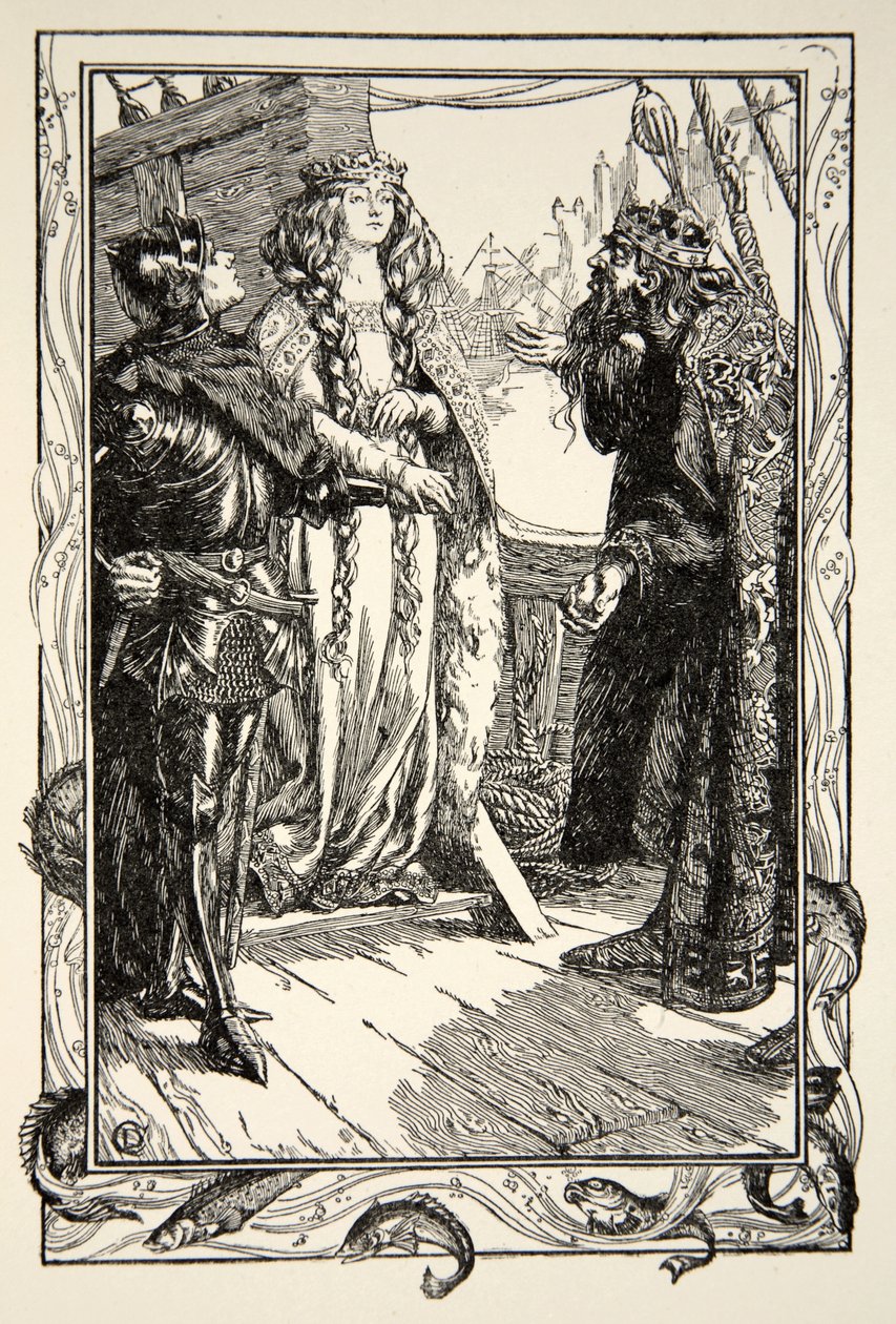 King Anguish ger Isolt till Sir Tristram, illustration från 