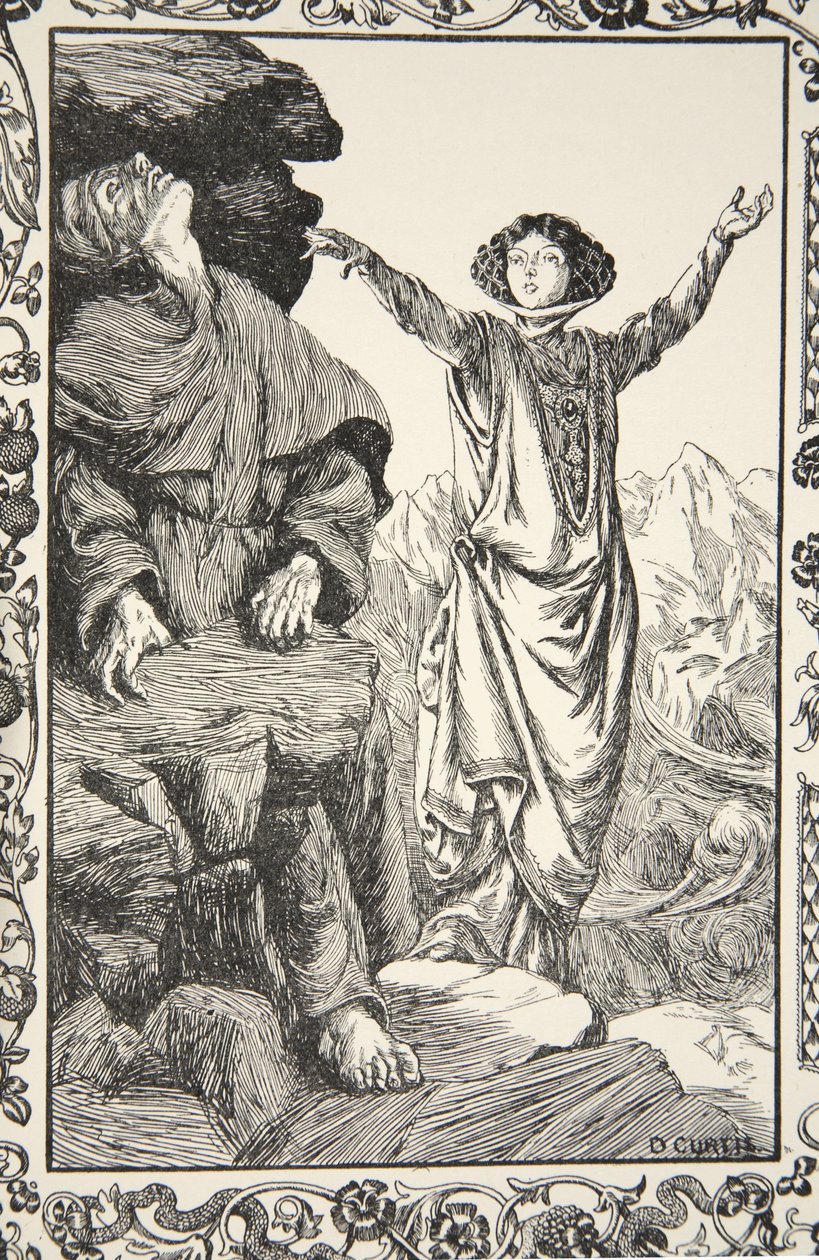 Hon fick klippan att stänga ner, illustration från "Stories of King Arthur and the Round Table" av Beatrice Clay, 1:a upplagan, 1905. av Dora Curtis