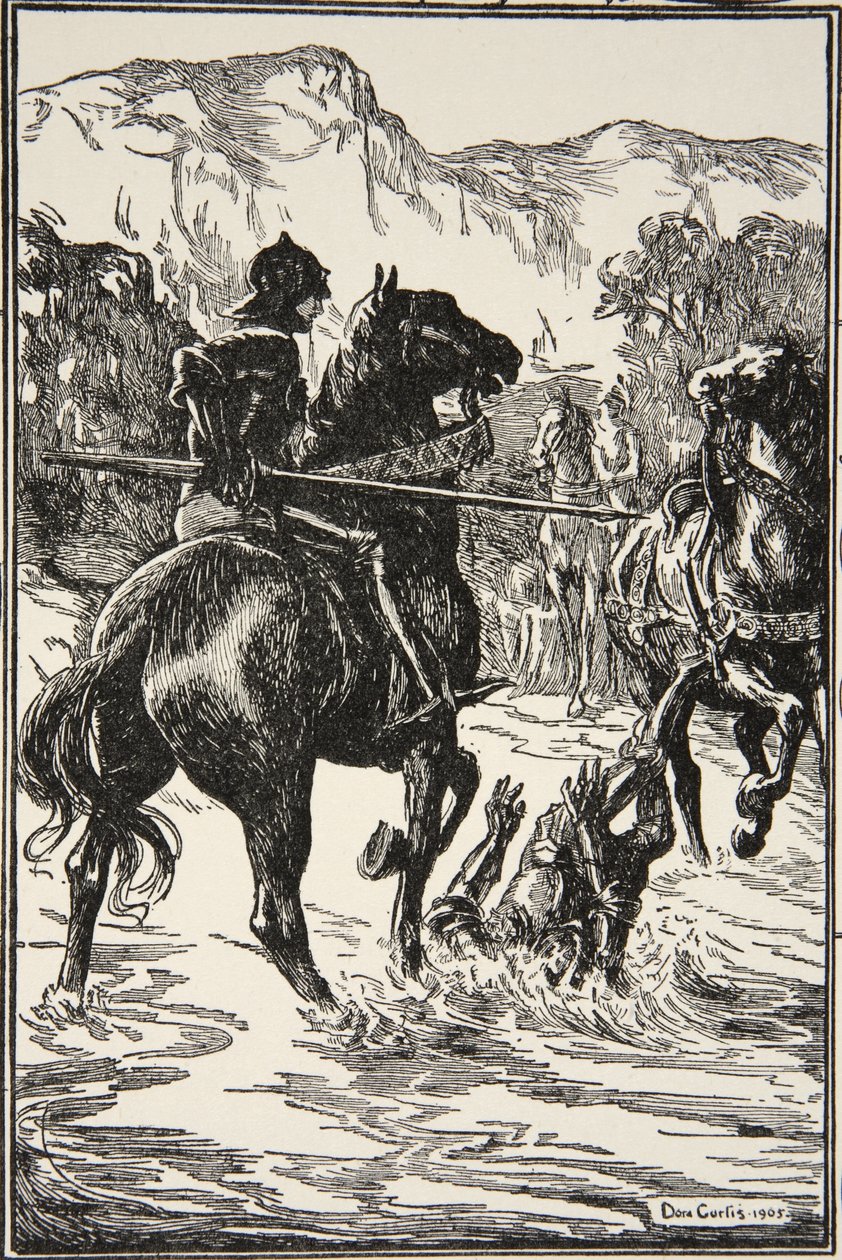 Slog honom ett sådant slag, illustration från "Stories of King Arthur and the Round Table" av Beatrice Clay, 1:a upplagan, 1905 av Dora Curtis