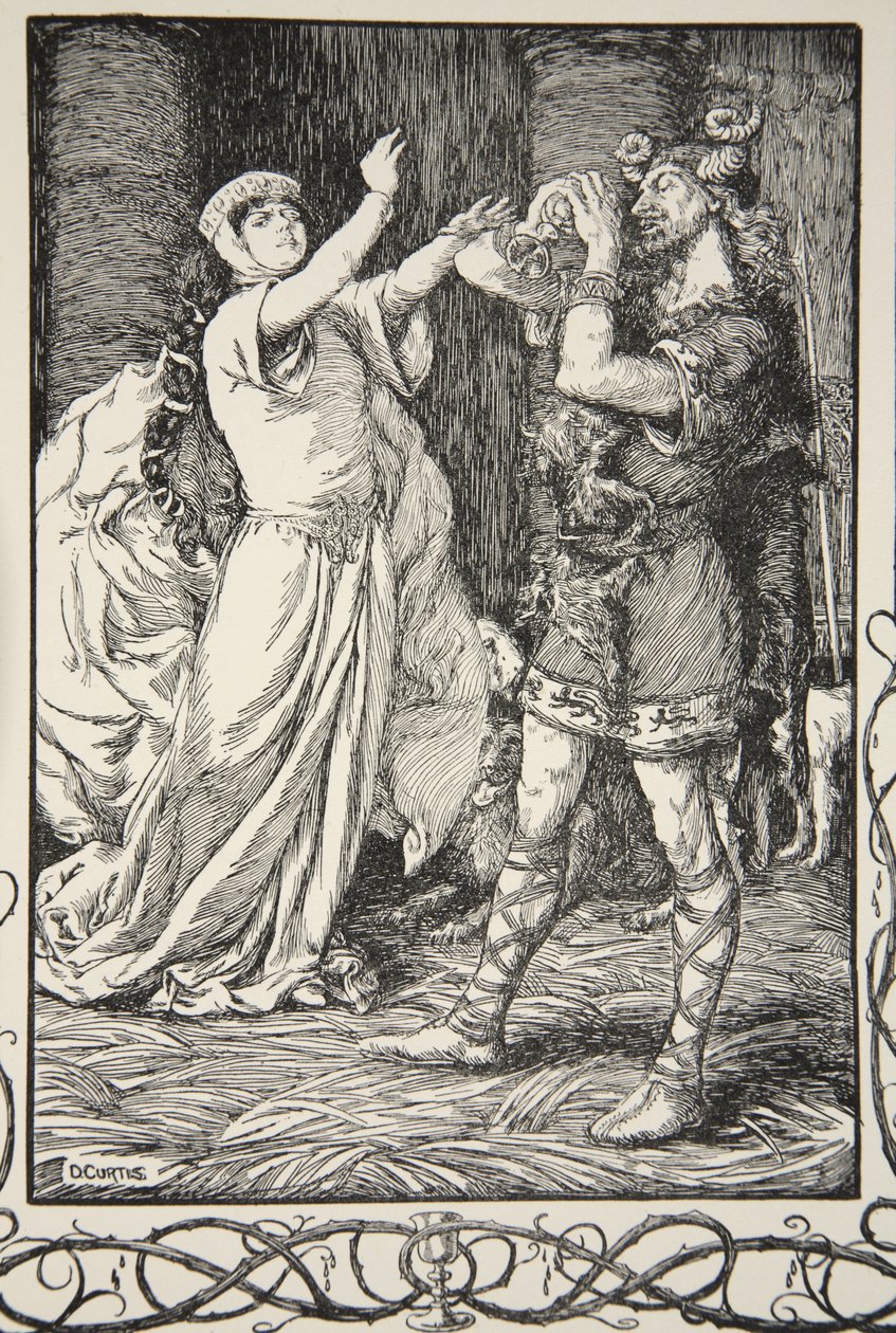Drottningen ropade till honom att låta bli, illustration från "Stories of King Arthur and the Round Table" av Beatrice Clay, 1:a upplagan, 1905 av Dora Curtis