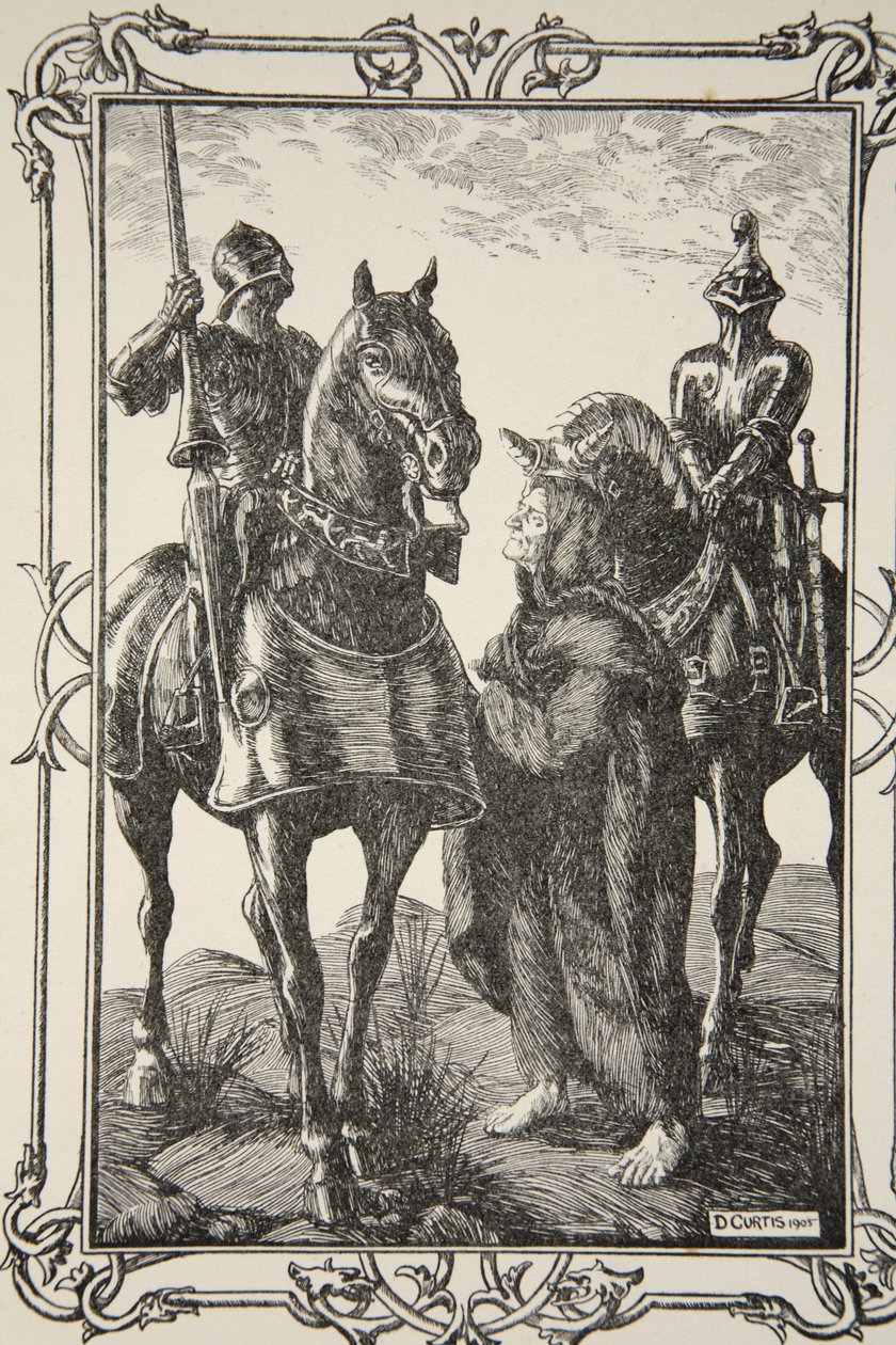 De träffade en gammal man, illustration från "Stories of King Arthur and the Round Table" av Beatrice Clay, 1:a upplagan, 1905 av Dora Curtis