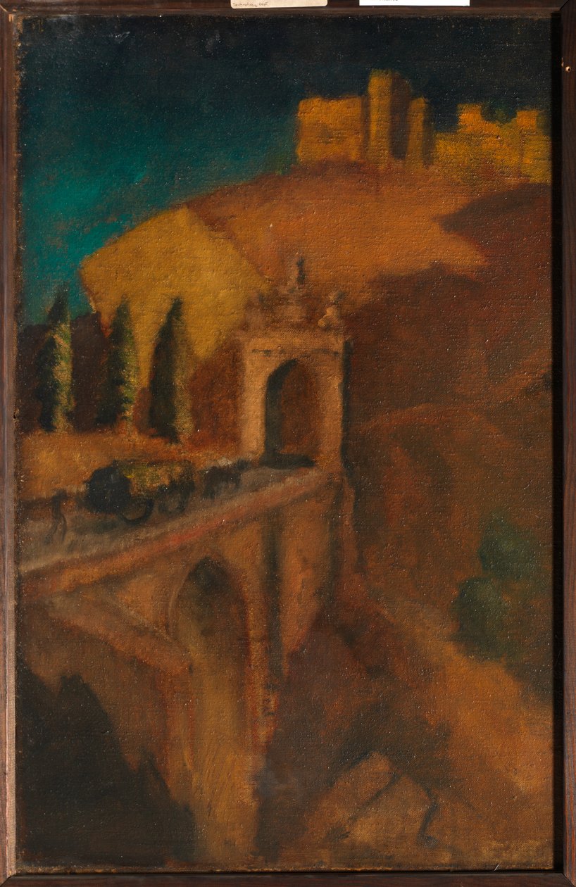 Bergslandskap med bro, ca. 1910 (olja på duk) av Dora (attr. to) Carrington