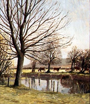 Boskap vid en damm (olja på duk) av Dora Carrington