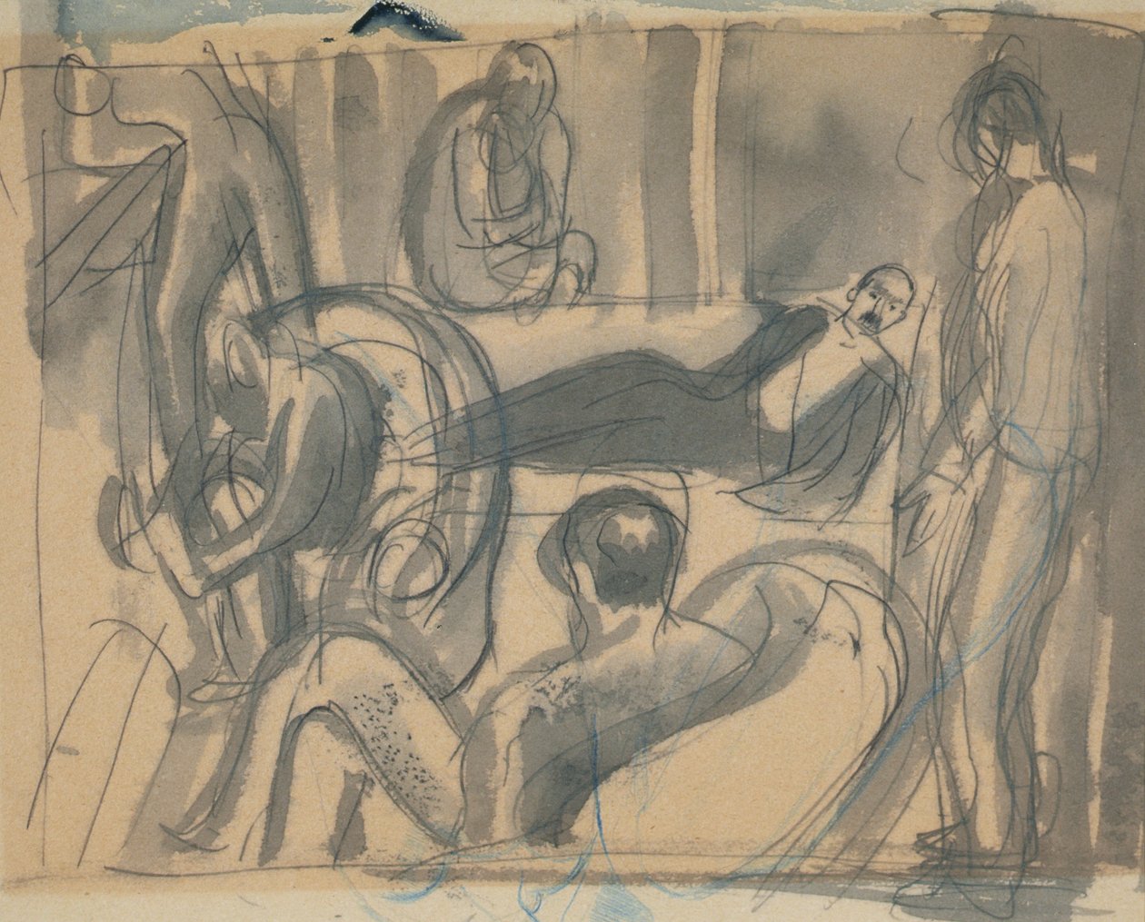 Maynard Keynes, Lytton Strachey och andra, ca 1916 (penna och akvarell på papper) av Dora Carrington