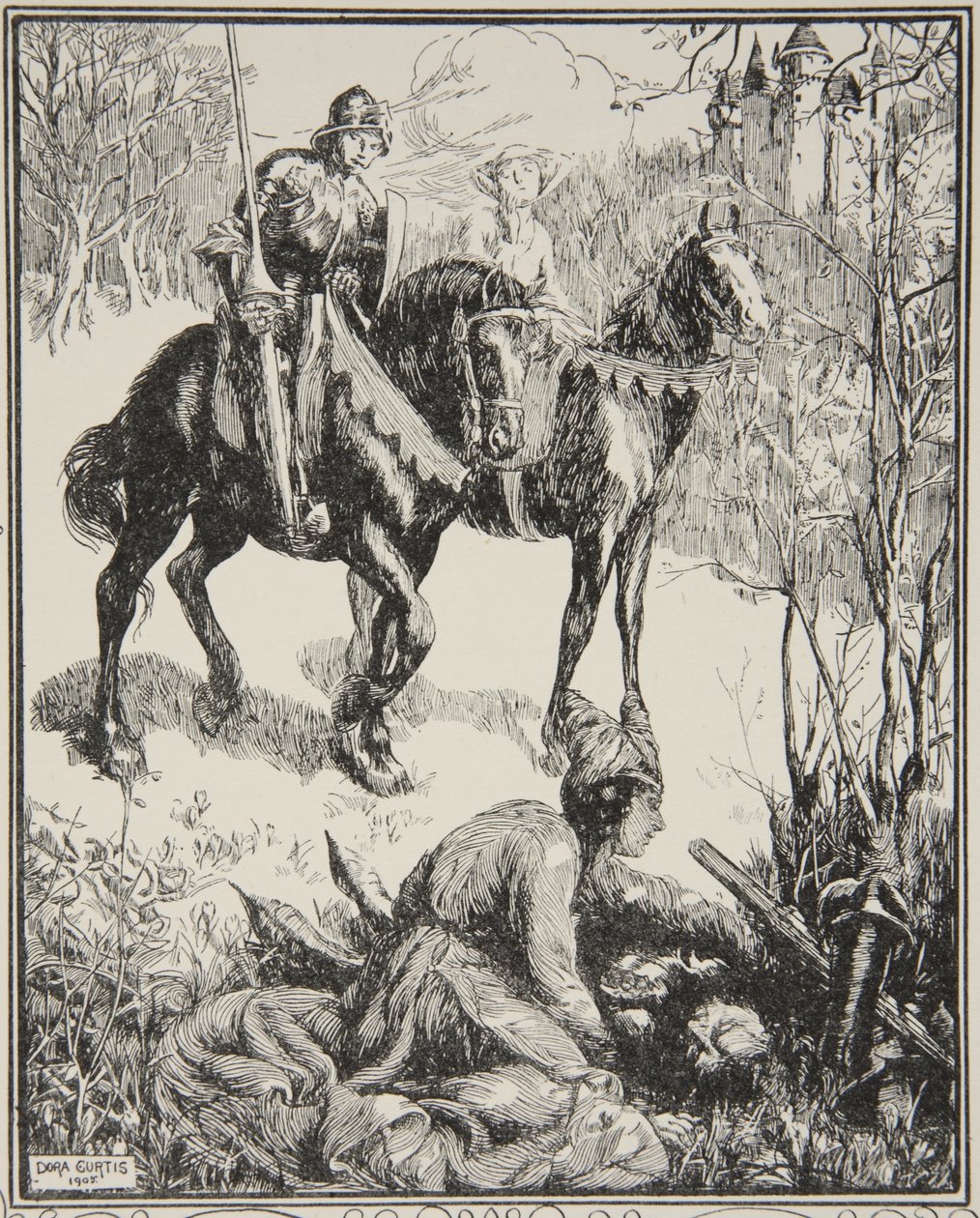 En dam som gråter bittert, illustration från "Stories of King Arthur and the Round Table" av Beatrice Clay av Dora Curtis